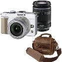 Olympus E-PL1 White Digital Camera with 14-42mm Silver and 40-150mm Black Lenses plus Free Retro Bag Olympus E-PL1 White Digital Camera with 14-42mm Silver and 40-150mm Black Lenses plus Free Retro Bag